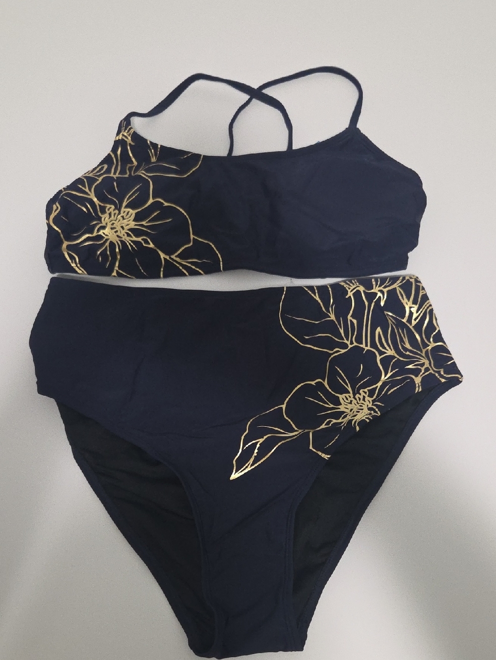Cupshe Navy and Gold Floral High-Waist Bikini Set